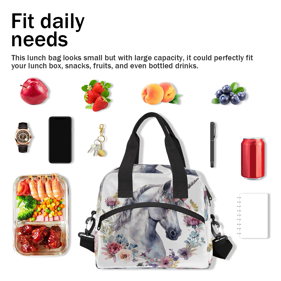 Herdesigns Floral Unicorn Horse Insulated Lunch Bag for Women Men Adults Large Reusable Lunch Box Leakproof Portable Cooler Tote Bags with Adjustable Shoulder Strap