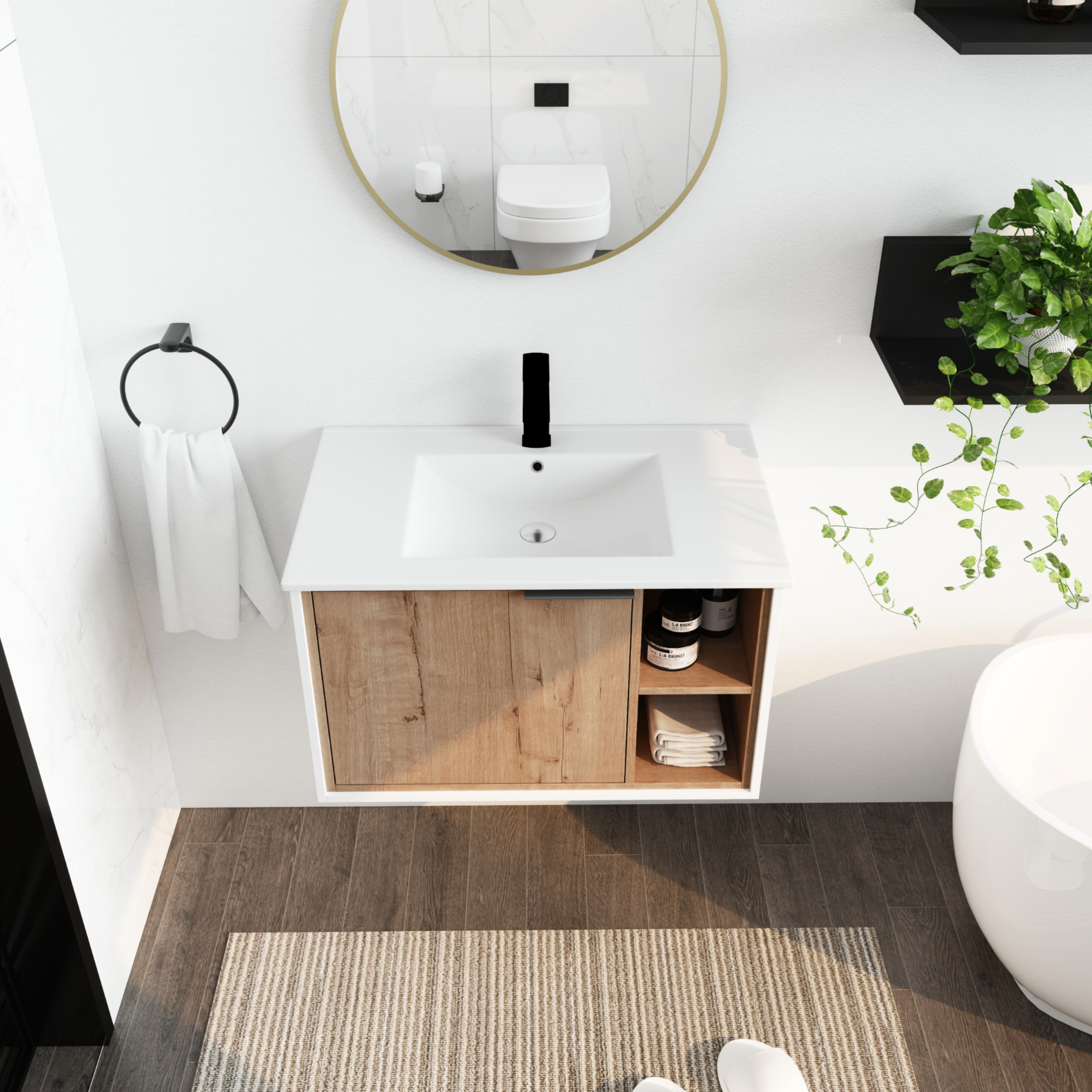 Noble House 30" Floating Wall-Mounted Bathroom Vanity, Ceramic Sink, Soft-Close Door, Open Racks, Imitative Oak