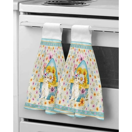 

Easter Retro Bunny Eggs Flowers Blue Hand Towels Kitchen Bathroom Hanging C