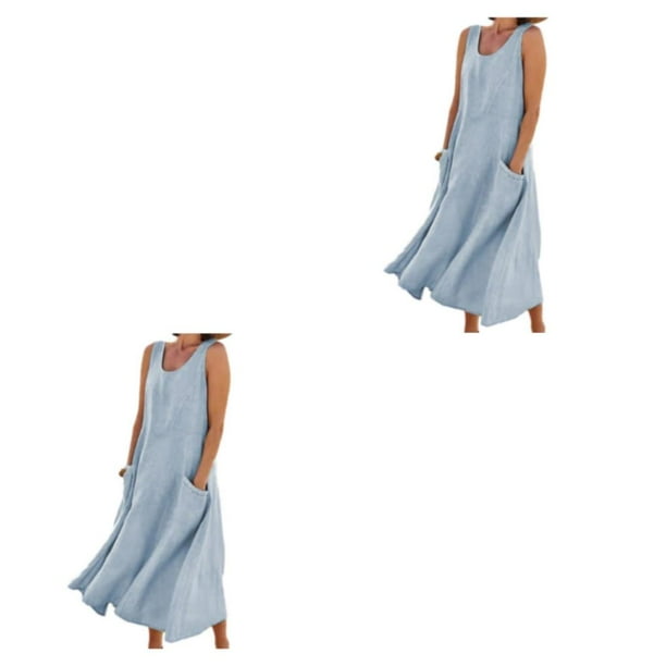 Minnieouse Vestido de lino y algodón de verano para mujer, vestidos sin mangas bohemios, estilo Vintage, chaleco de mil-pantorrilla, caftán Azul cielo/M 2Conjunto