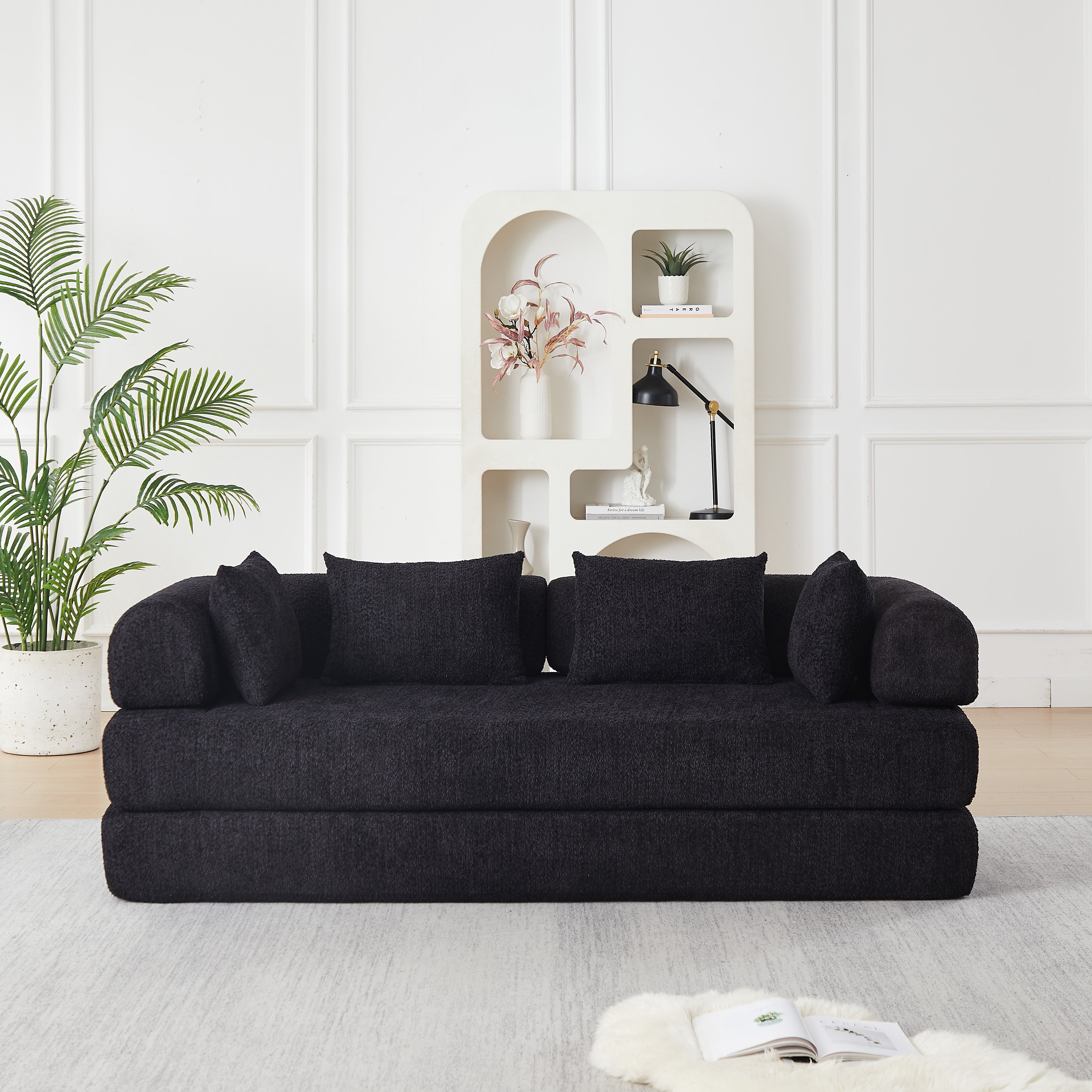 Sleeper Sofa 78.9 Inch with Chenille Fabric and Modular Design, Convertible Floor Sofa Bed and Folding Mattress Couch with Removable Armrests, Black