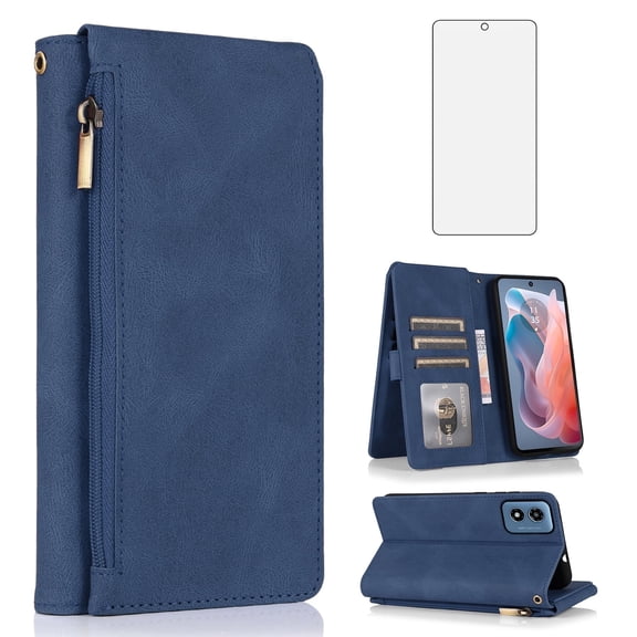 Asuwish Wallet Kickstand Hard Shell Cell Phone Case with Tempered Glass Screen Protector for Moto G Play 2024 4G, Blue