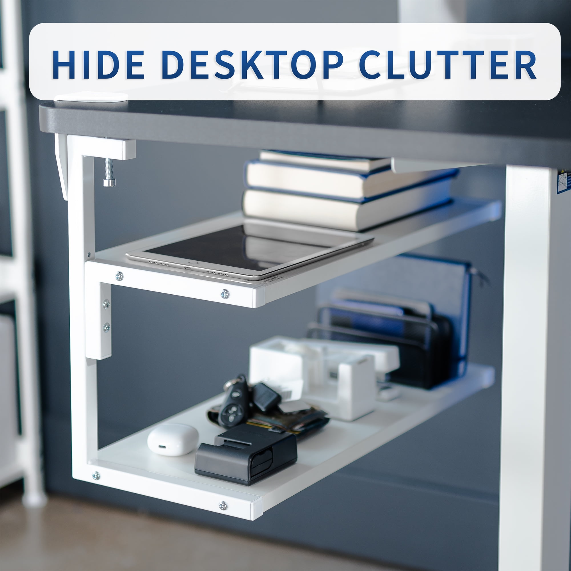VIVO White Clamp-on 24" Above or Below Desk 2-Tier Shelving Unit, Desk Organizer