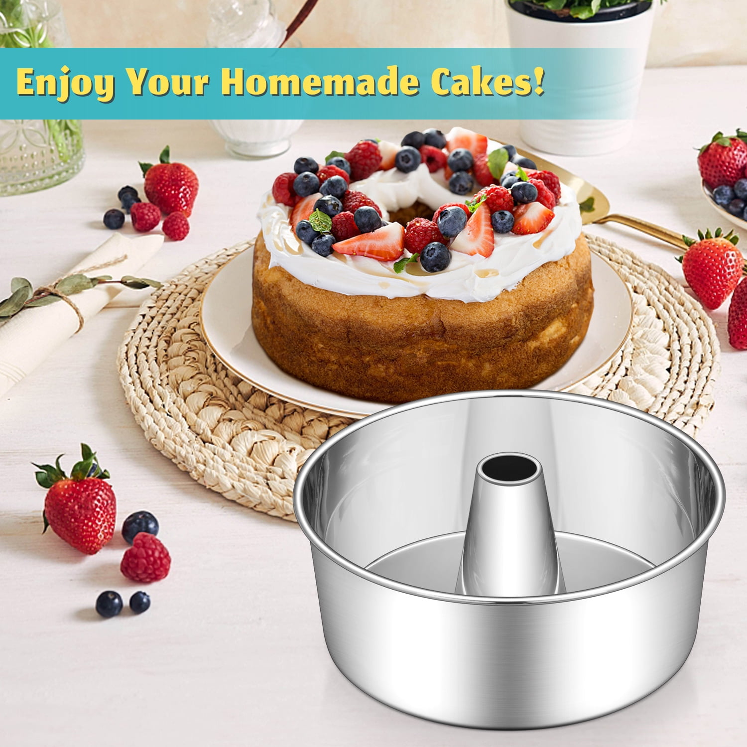 TeamFar 10 Inch Angel Food Cake Pan, Non-Stick Coating Stainless Steel Core  Pound Cake Pan with Tube, Healthy & Heavy-Duty, One-piece & Hollow Design