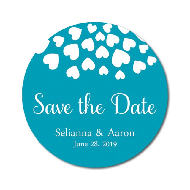 Darling Souvenir Round 45 Pieces Hearts Save The Date Stickers Wedding Personalized Bride Groom Names And Date Envelope Seals - Turquoise