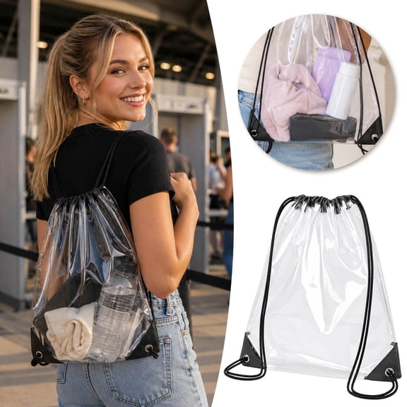 Clear Stadium Drawstring Backpack - Waterproof Transparent Sports Gym Bag - Outdoor Sport for Concert Travel Beach (Size 13.39x16.93 Inches)