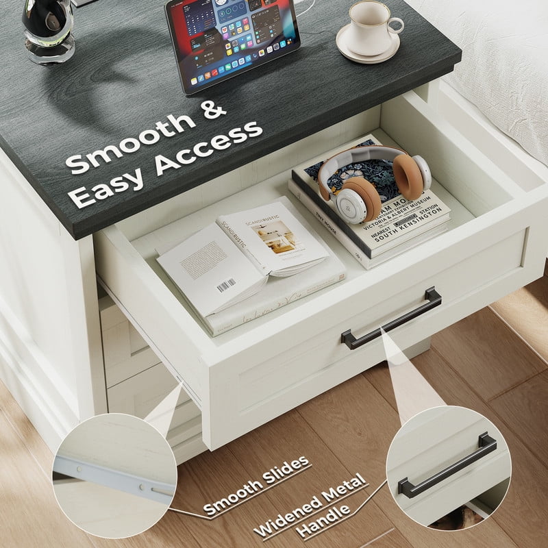 Gianna Nightstand with Charging Station, Farmhouse Bedside Table with 3 Drawers, Wood End Table, Modern Side Table for Bedroom, White