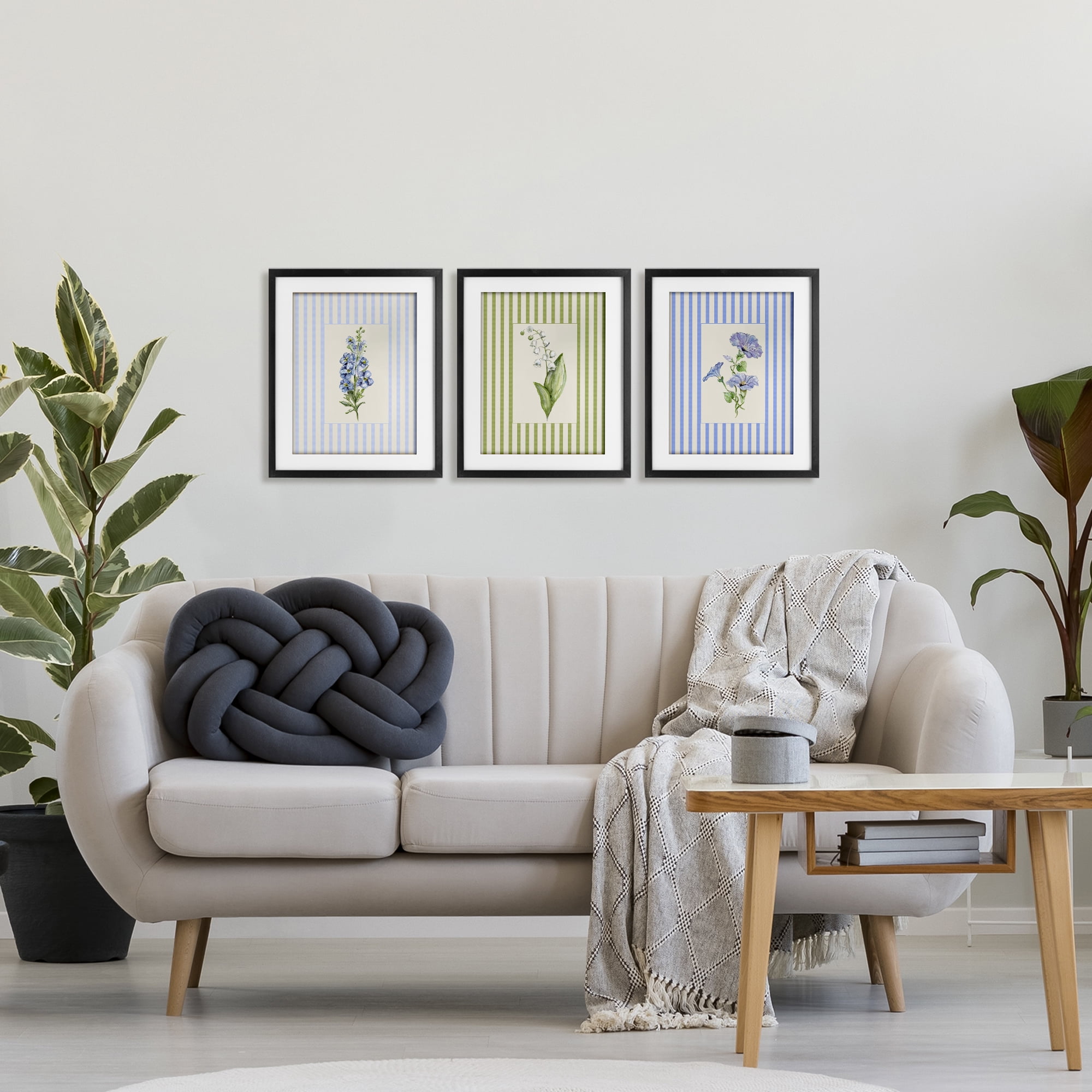 Soft Stripe Cottage Blooms 3 Piece Black Framed Print Under Glass Set, design by Lisa Wehmeyer