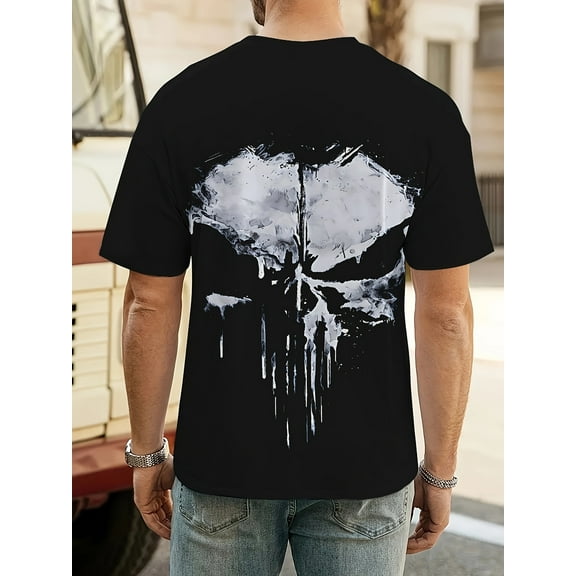 Men's Skull Graphic T-Shirt - Black Short Sleeve Crewneck with White Skull Design, Casual Summer Tee for Men Casual Attire Outdoor Clothing Crewneck Tee Lightweight Shirt