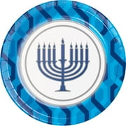 Club Pack of 96 White and Blue Menorah Hanukkah Disposable Luncheon Plates 7"