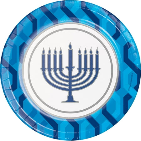 Club Pack of 96 White and Blue Menorah Hanukkah Disposable Luncheon Plates 7"