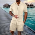 thumbnail image 2 of Laqbezok Men's 2-Piece Pleated Set, Casual Vertical Textured Button Down Shirt and Drawstring Shorts Outfit, Relaxed Fit Summer Beach Resort Wear, 2 of 5