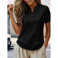 thumbnail image 4 of Henley Shirts for Women Contrast Stitching Short Sleeve Blouse Button Down Stand Collar Tunic Tops Black S, 4 of 6