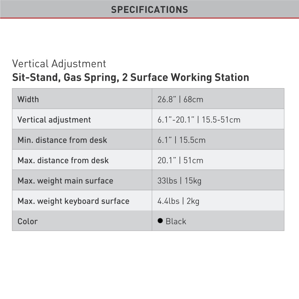 Barkan Sit-stand Gas Spring 2 Surface Working Station Black Workstation Vertical Adjustment Touch & Adjust Sit-Stand Gas Spring Balancer 2 Year Warranty