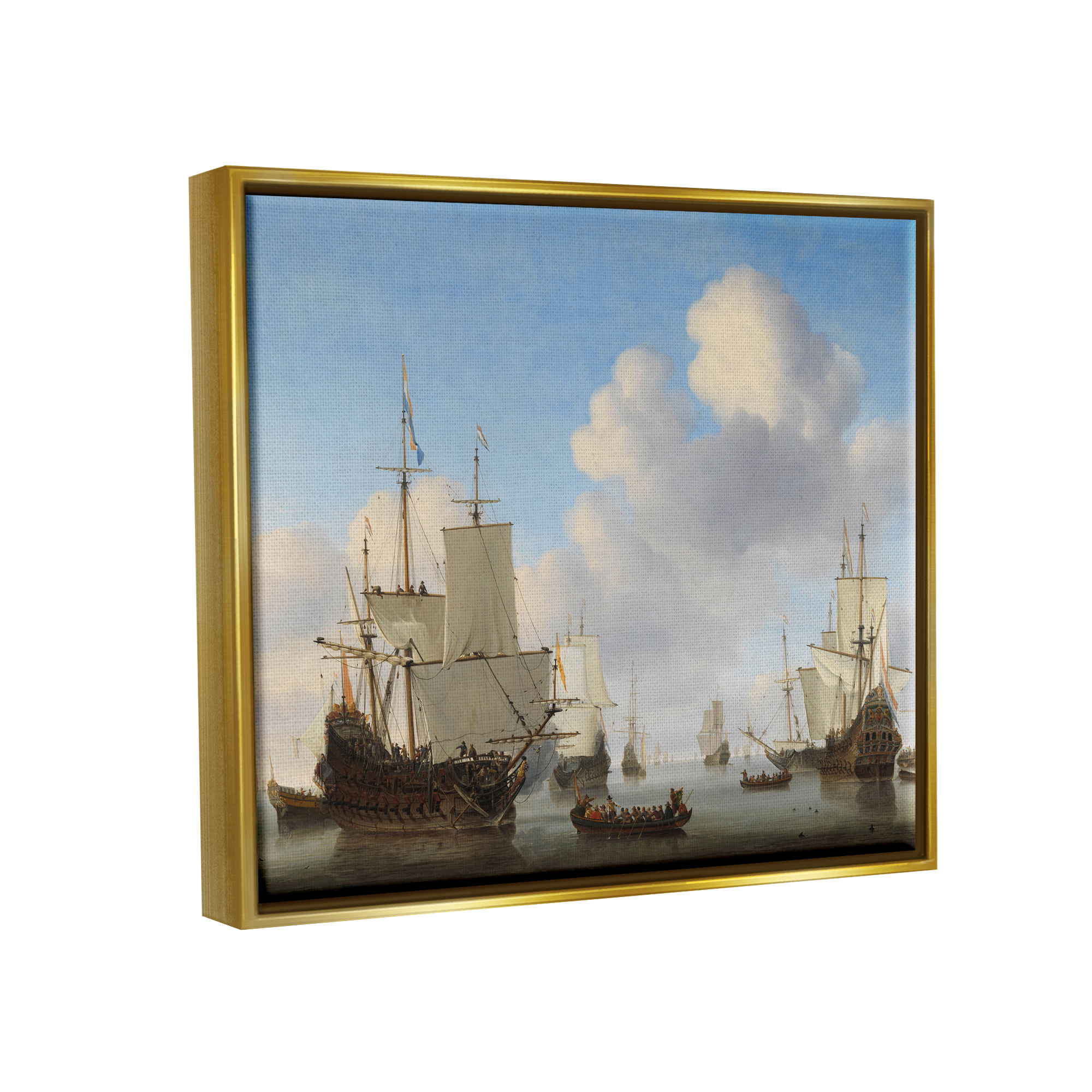 Stupell Industries Dutch Ships at Sea Willem van de Velde Classic Painting Painting Metallic Gold Floating Framed Canvas Print Wall Art, Design by one1000paintings