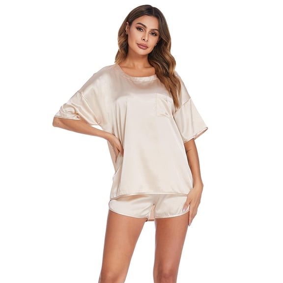 Ekouaer Satin Pajamas for Women Short Sleeve Silk Pajama Sets Soft Sleepwear Top with Causal Pj Shorts