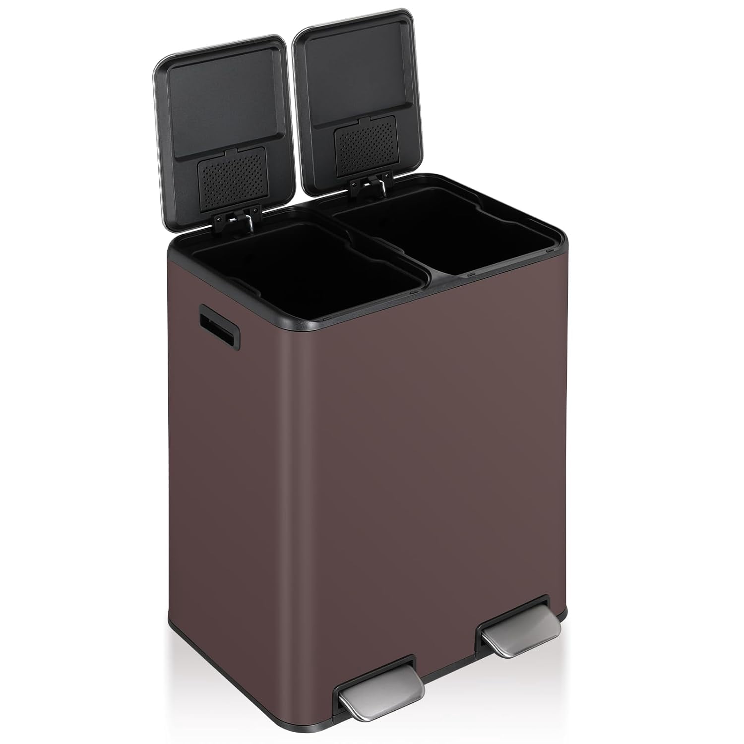 LAZY BUDDY 16 Gallon Kitchen Trash Can with Dual Compartments, Stainless Steel Recycling Garbage Bin with Inner Buckets, 2 Built-in Box for Odor Control