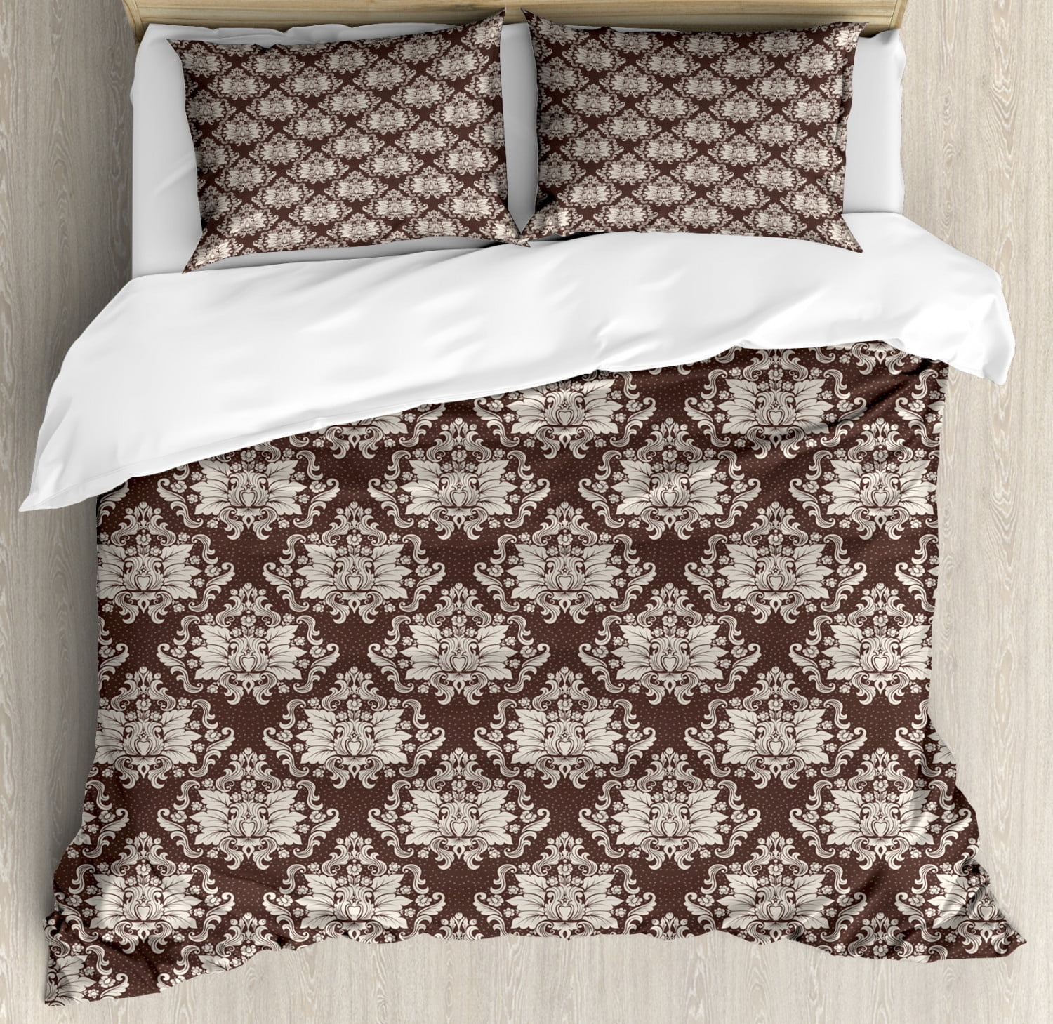Damask King Size Duvet Cover Set Victorian Floral Pattern With Blooming Foliage Leaves On Dark Toned Backdrop Decorative 3 Piece Bedding Set With 2 Pillow Shams Brown And Beige By Ambesonne