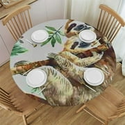 Akjvoe Sloths Tablecloth Round Animal Table Cloth Palm Tree Leaves Boho Tropical Drawing Polyester Tablecloths for Dining Room, Party, Banquet White