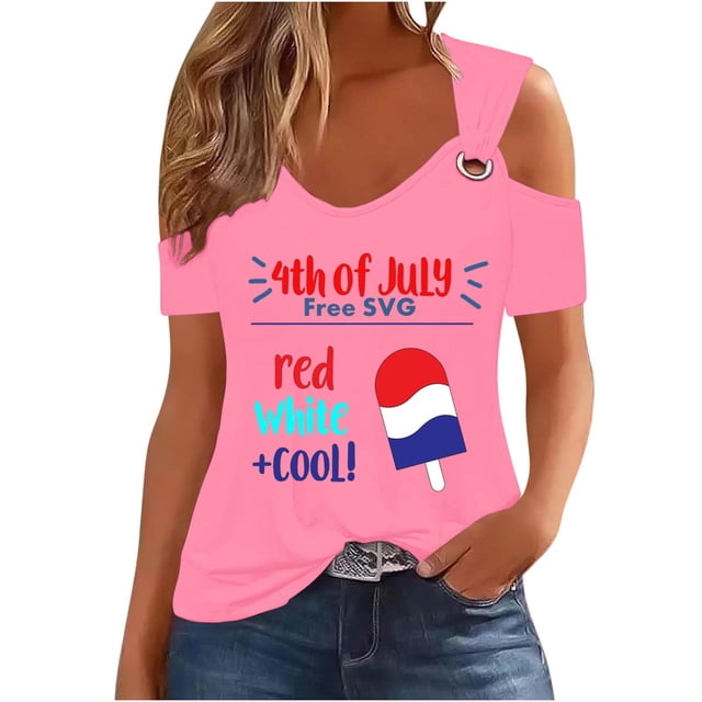Tops de Hombro Frío para las Mujeres Día de la Independencia Impreso Fuera Del Hombro Blusa con Cuello en V, Fuera Del Hombro de las Mujeres