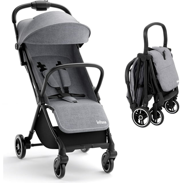 INFANS Lightweight Baby Stroller, One-Hand Gravity Fold, Compact Travel Stroller for Airplane with Aluminium Frame, Adjustable Backrest and Canopy, Foldable Infant Toddler Stroller