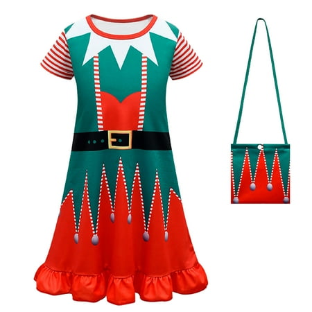 

LIhncine Girls Dress Toddler Kids Girls Cute Christmas Cartoon Prints Princess Dress Bag Outfits (Green 10-12 Years)