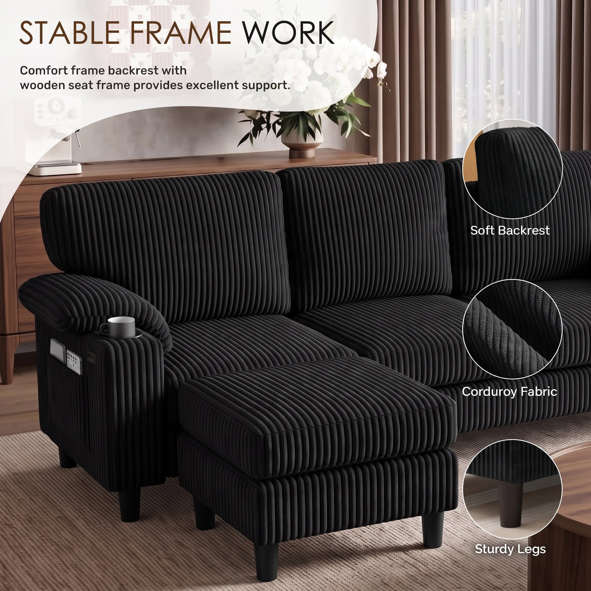 Xiweot 80" L Shaped Sectional Sofa, 3 Seater Convertible Couch with Storage Ottoman, Charging Ports & Cup Holders, Corduroy Comfy Upholstered Sofa for Living Room Apartment, Black