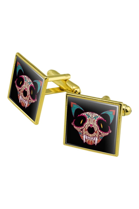Cat Skull Mexican Day of the Dead Square Cufflink Set - Silver or Gold