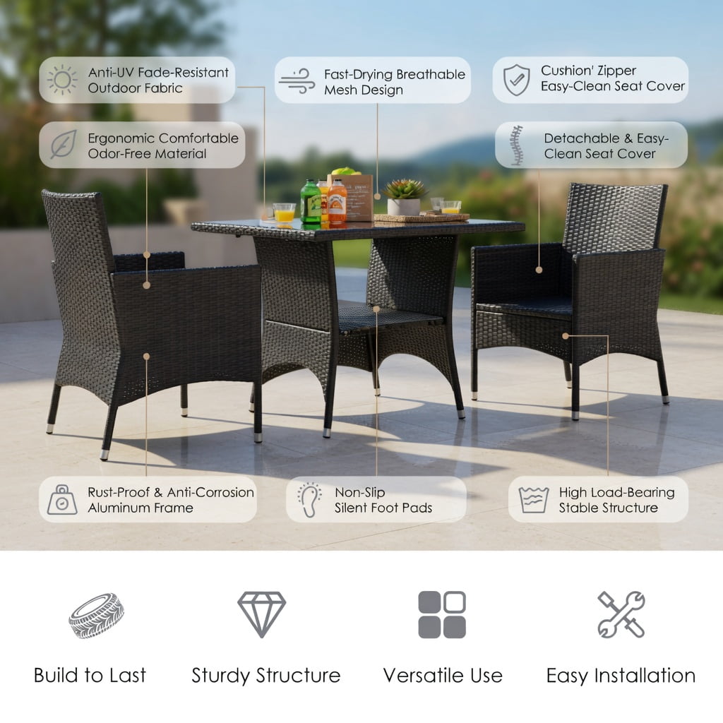 Hommoo 3-Piece Weather-Resistant PE Rattan Patio Furniture Set, Steel Frame, Tempered Glass Table & Ergonomic Armchairs with Removable Cushions, Gray