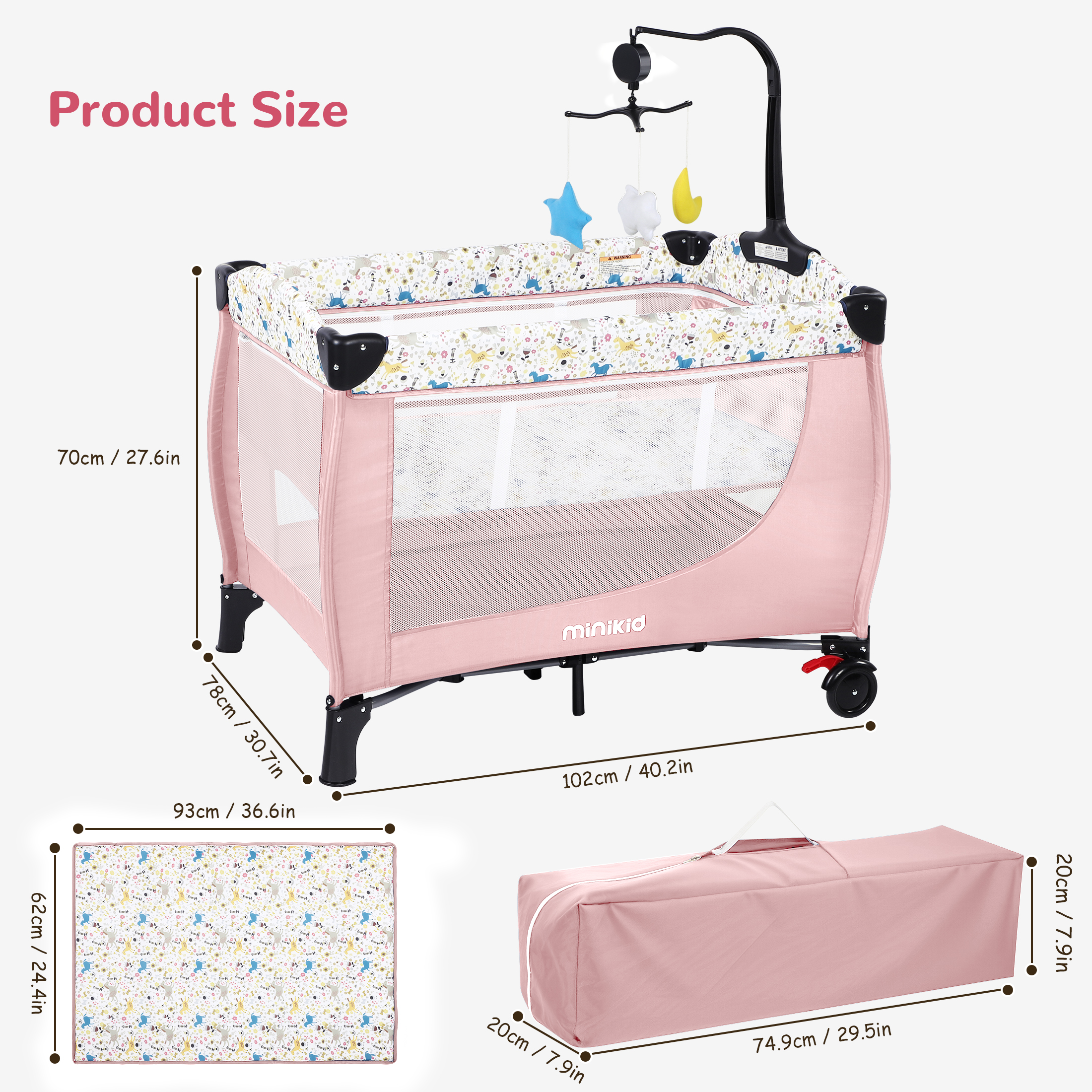 Vipuse Nursery Center Playard with Bassinet, Pink photo 2