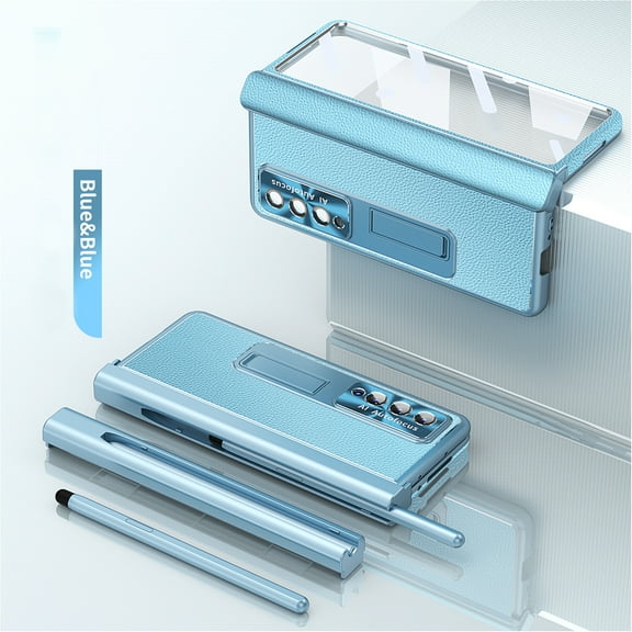 Dteck Luxury Leather Case for Samsung Galaxy Z Fold 4, Plating Hinges with Pen Solt Built-in Tempered Glass Front Film Cover Kickstand Case for Samsung Z Fold 4,Blue