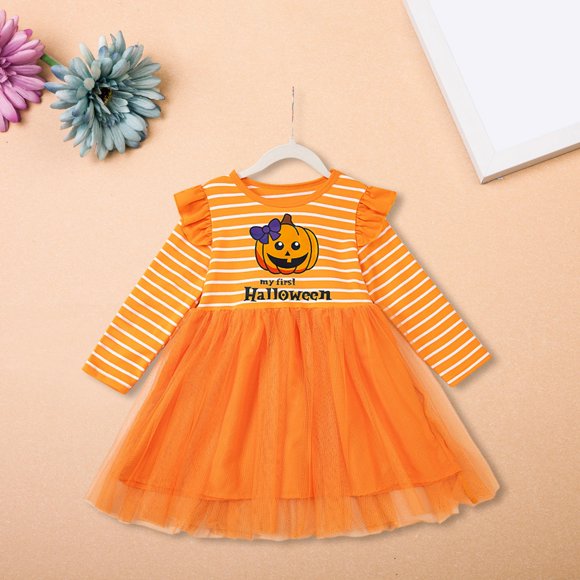 EnJoCho Toddler Girl Halloween Pumpkin Dress - Orange Tulle Tutu Skirt with Long Sleeve Pullover, Cute Baby Dress for Photo 𝖲hoots, Autumn Parties