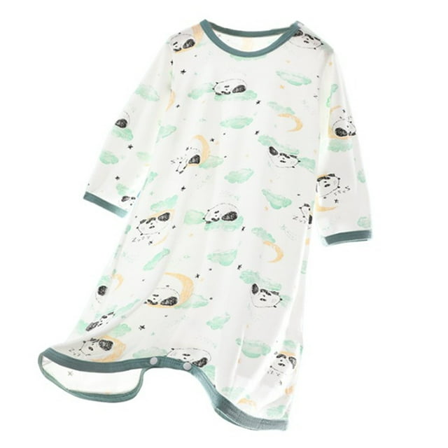 Birdeem Romper for Baby Girls Child Summer Home Thin Round Neck Long Sleeve Button Printed Nightgown Split Leg Rompers