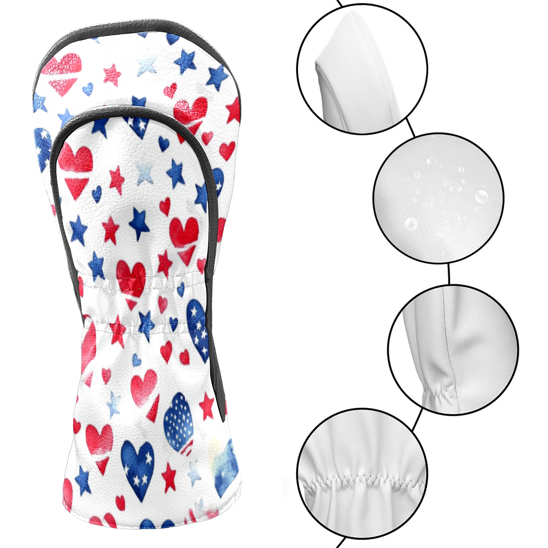 Golf Club Head Cover Waterproof Leather Golf Accessories HeadCovers Set Driver Headcover for Women Men Red, White And Blue Heart And Star Pattern