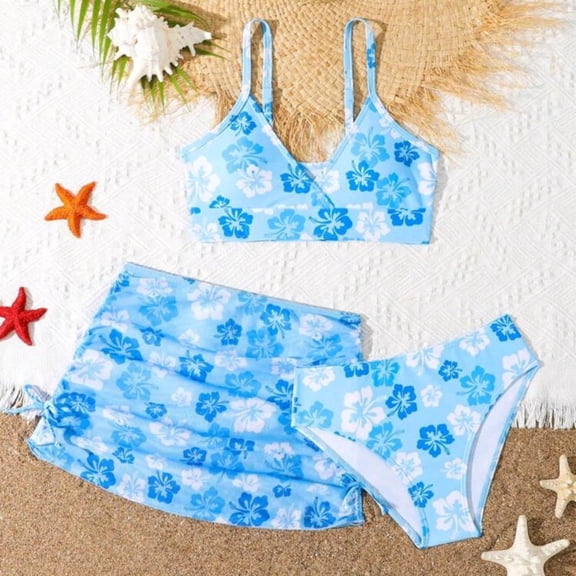 BXSRUTA Girls 6-14 Medium to Large Floral Print 3 Piece Bikini Swimsuit Set Tankini Top with Skirt Bottom Summer Beach Wear