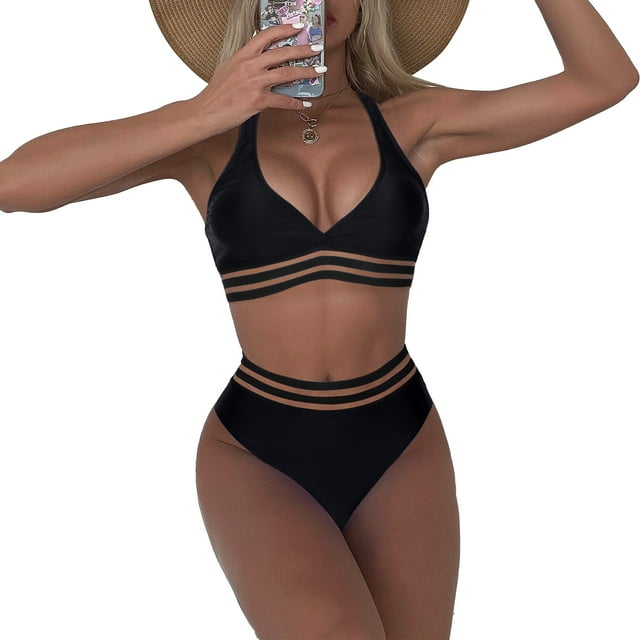 Traje de baño de dos piezas con cintura elástica, cómodo y negro para la playa en verano, talla M