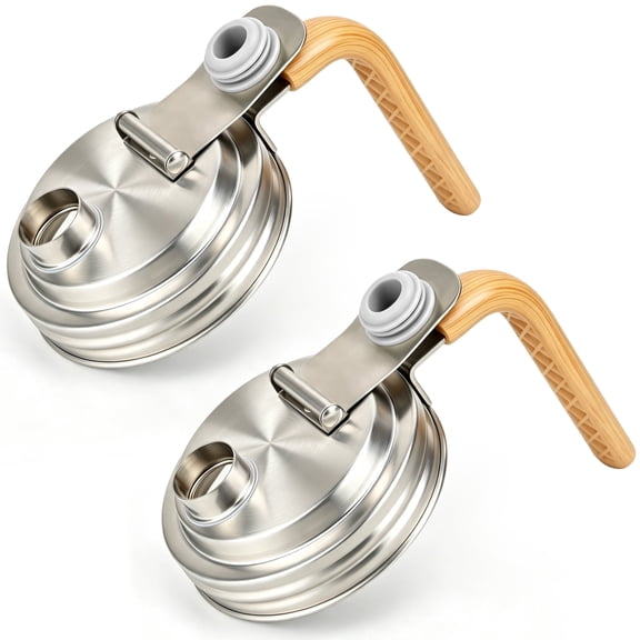 TINANA 2-Pack Wide Mouth Mason Jar Pitcher Lids with Pour Spouts, Woodgrain-Look Handles, Leak-Resistant Stainless Steel, Fits 16-64 oz Jars