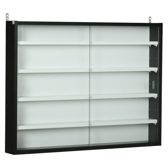5-Tier Glass Display Cabinet - Wall Mounted Display Case with Doors & Adjustable Shelves - Black/White - Collectibles, Medals, Figures