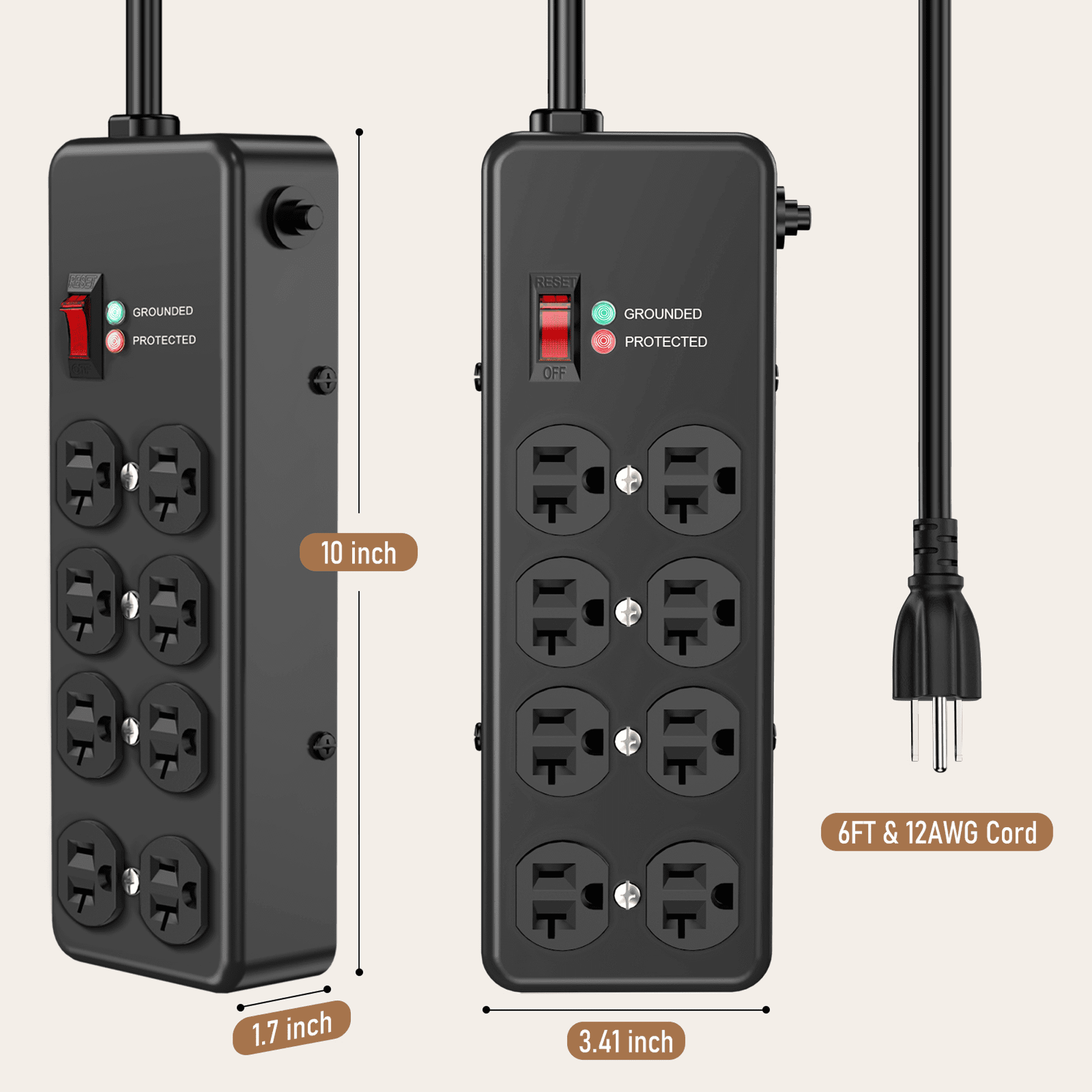 VILONG 20 Amp Power Strip Heavy Duty Surge Protector, 4800J, Wall Mount, 6ft 12 Gauge Extension Cords Adapters Plug for Indoor, Black