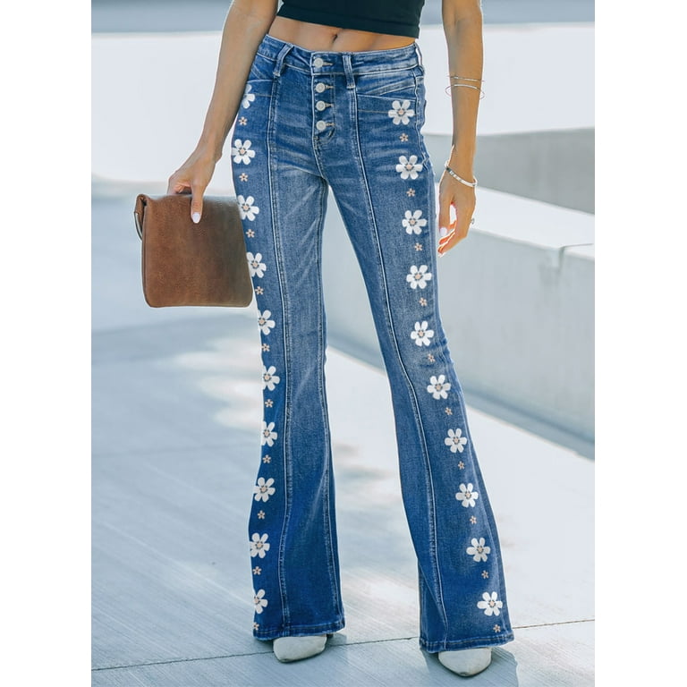 Blibea Bell Bottom Jeans for Women Plus Size Flare Pants Flower Print Wide  Leg Denim Pants Blue 16