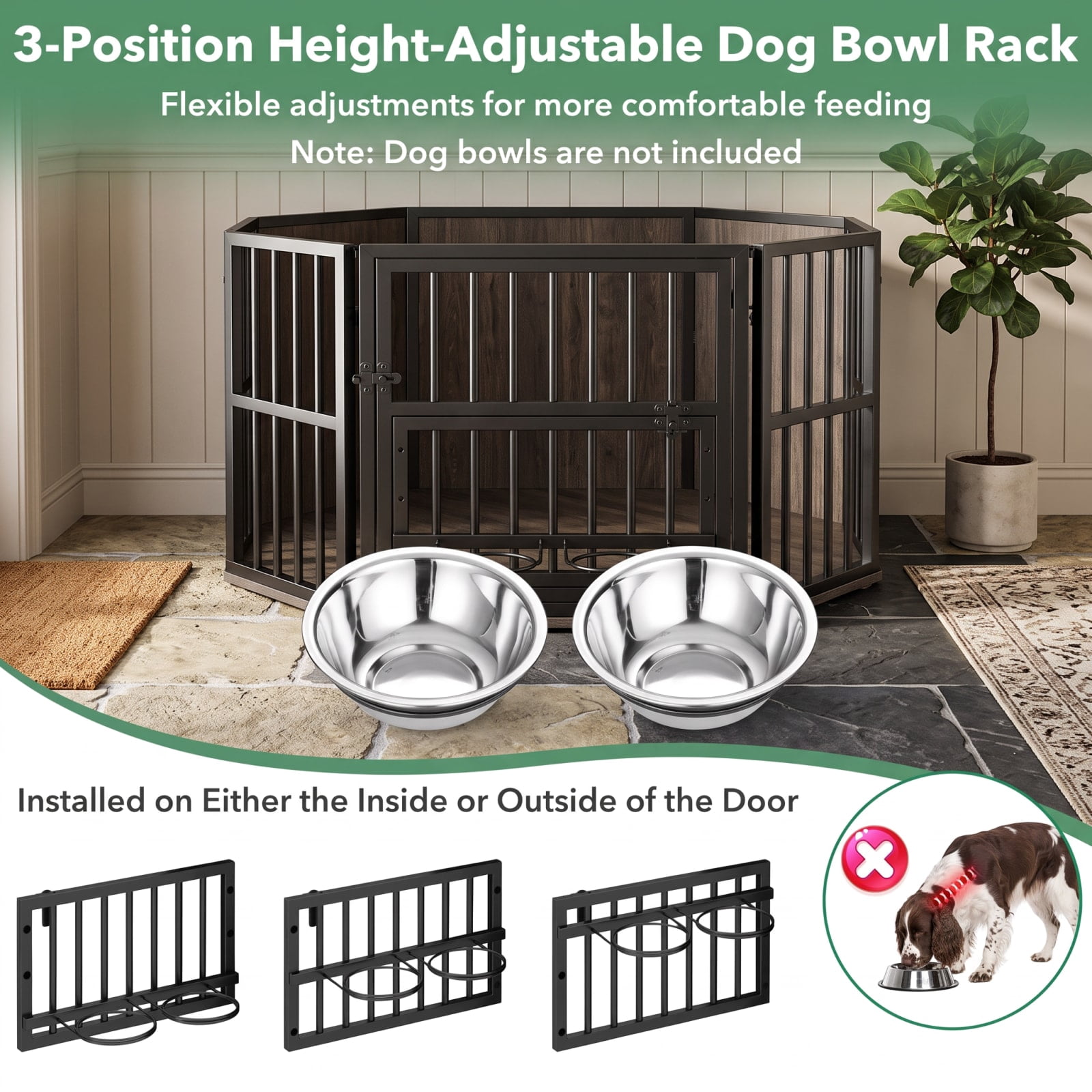 Vebreda Dog Crate Furniture, 35.5 inches Wooden Dog Kennel End Table with 3-Position Dog Bowl Rack, Space-Fit Corner Shape Design
