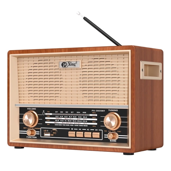 Vintage Wooden Radio, AM/FM/SW1/SW2 4-Band Retro Bluetooth Speaker, with USB/SD/AUX Playback, AC/DC/Battery Powered for Home Outdoor Office