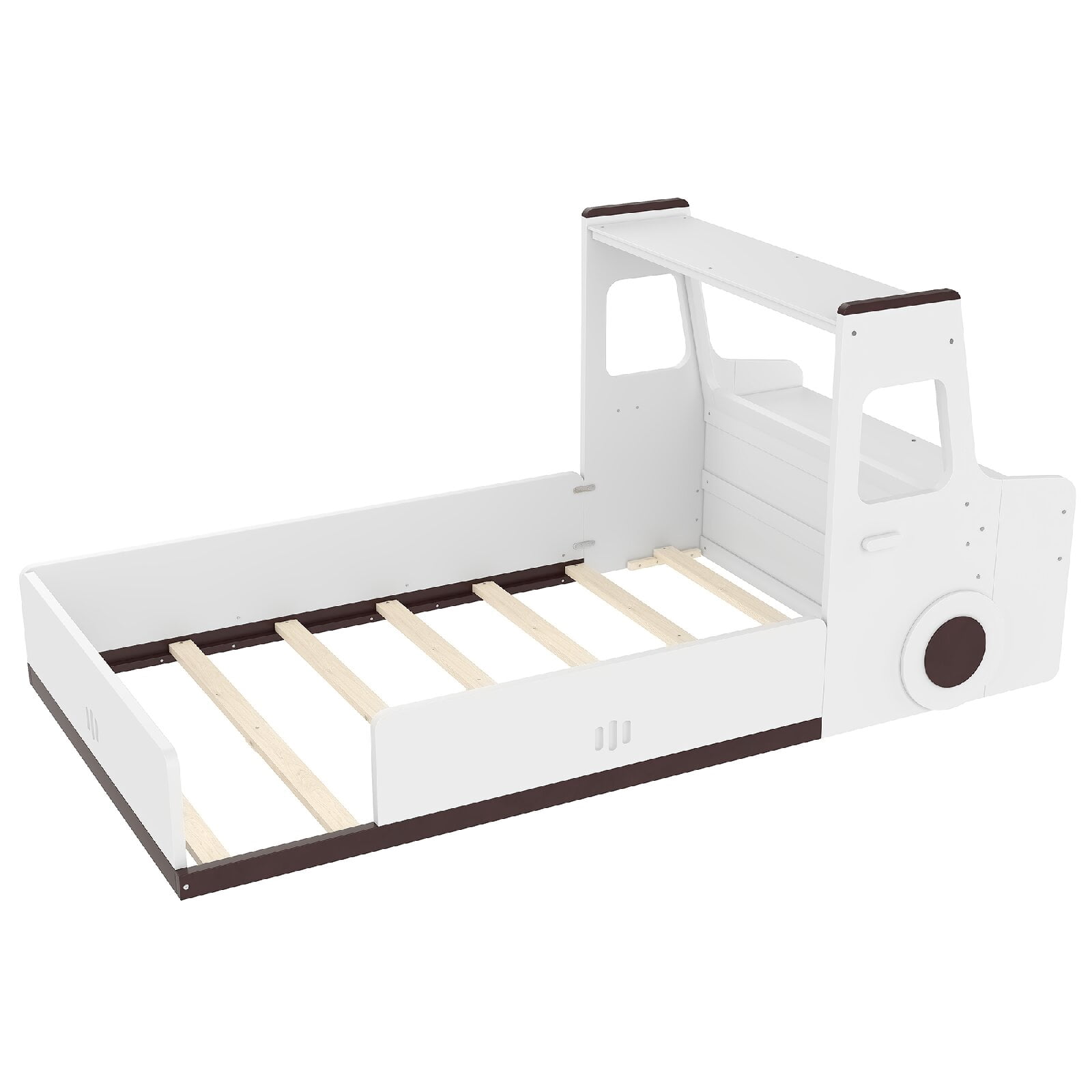 Twin Size Floor Bed Frame with Interesting Car-shape Design and Build-in Desk, Car Floor Bed with Storage Drawers and Small Window for Bedroom, Apartment, Easy Assembly, Mattress Not Included, White