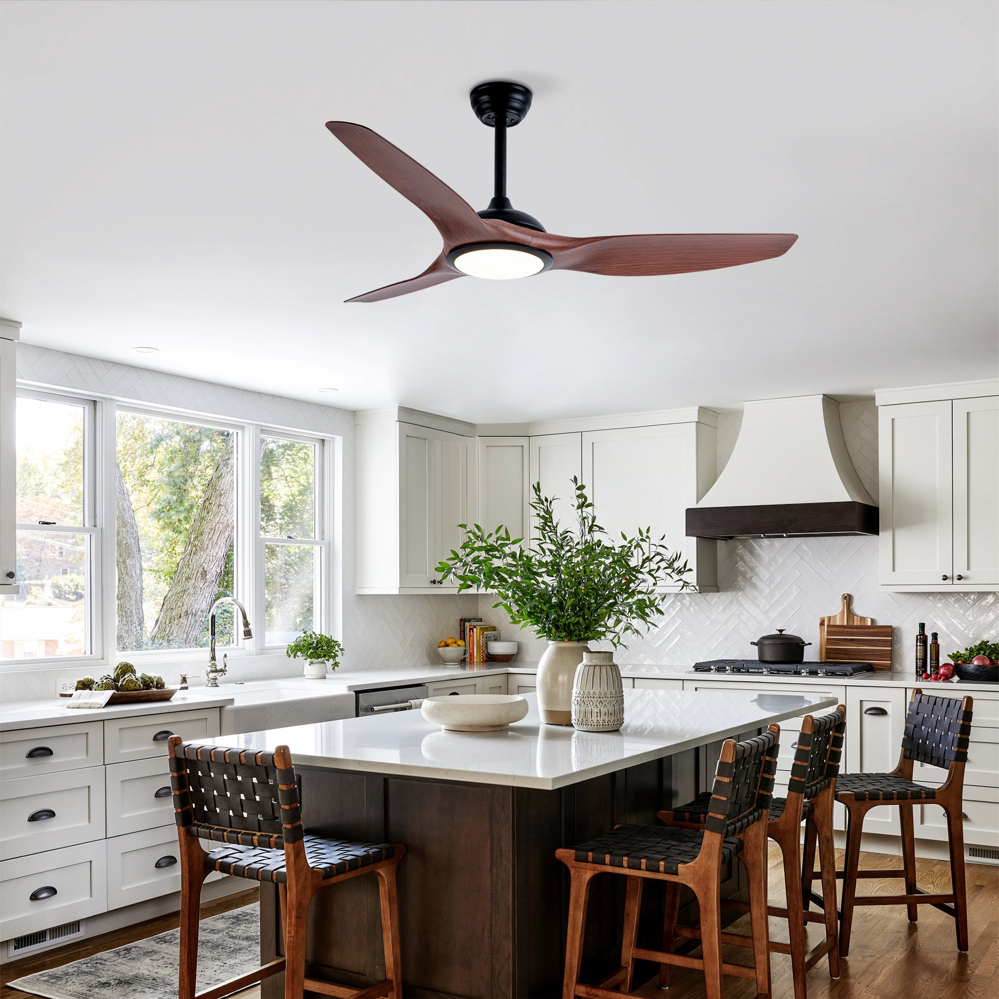 52 Inch Ceiling Fan With Light Kit LED Light Source ABS Blades, DC 6 Speed, Remote Control, Adjustable Height Ceiling Fan for Patio Living Room, Bedroom, Office, Indoor