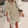 thumbnail image 1 of JUNWELL Été Casual Solide Couleur Coton Lin Mini Robe Femmes V Cou Dentelle une Ligne Robe Élégante Simple Demi-Manche Plage Robe en Vrac, 1 of 7