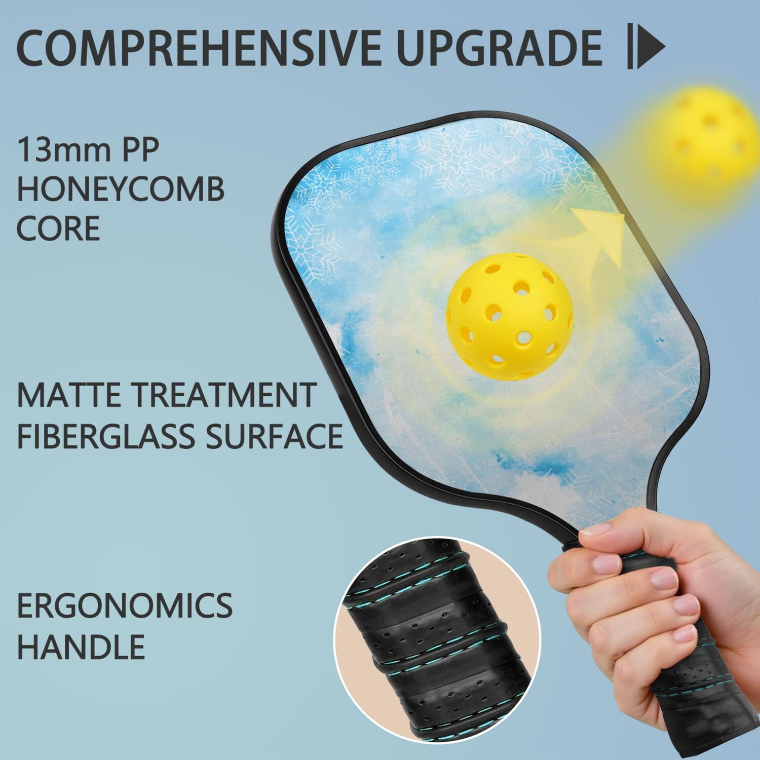 Pickleball Paddles Set Of 1, Fiberglass Surface, Ice Crystal Print, 1 Paddle, 2 Balls & Bag