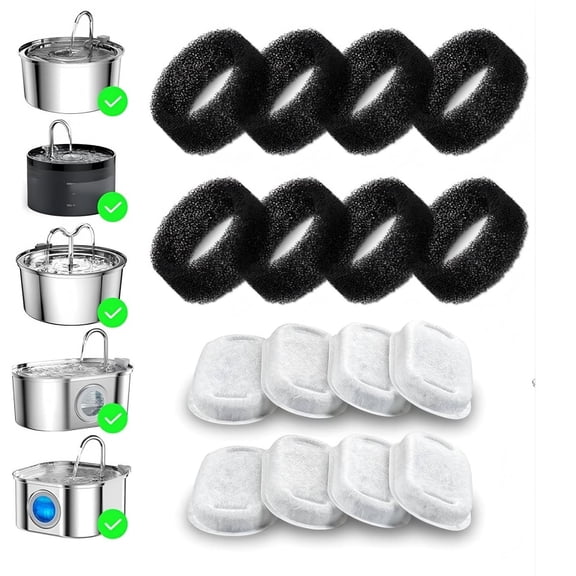 BN-LINK 16 Pack Cat Water Fountain Filter, Cat Fountain Replacement Filters for Stainless Steel 67oz, 95oz, 135oz Automatic Pet Fountain Dispenser(8 Filters& 8 Sponges)