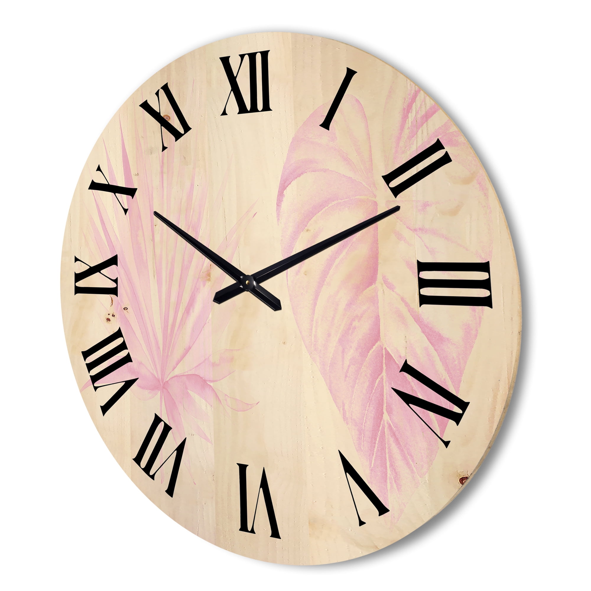 Designart 'Tropical Pink Watercolour Leaves On White II' Shabby Chic Wood Wall Clock
