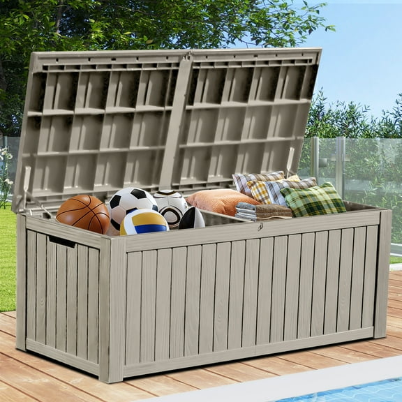 Uforic 150 Gallon Resin Deck Box, Outdoor Waterproof Storage with Divider & Lockable Lid, Brown