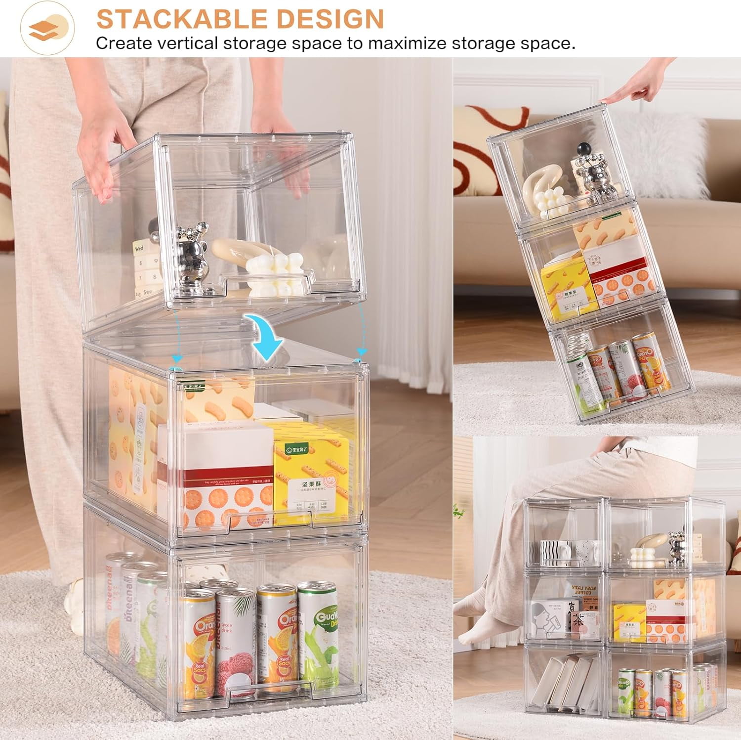 2 Packs Plastic Stackable Storage Organizer Bins with Pull Out Drawer,  Large Clear Acrylic Storage Drawers Container Boxes for Fridge Pantry Shelf Refrigerator Organization and Storage